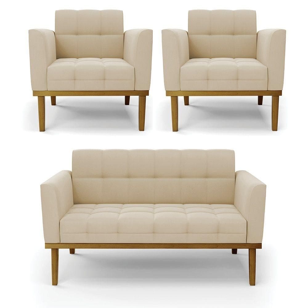 Namoradeira Com 2 Poltronas Base De Madeira Castanho Elisa Suede D03 - D\`rossi Cor Bege