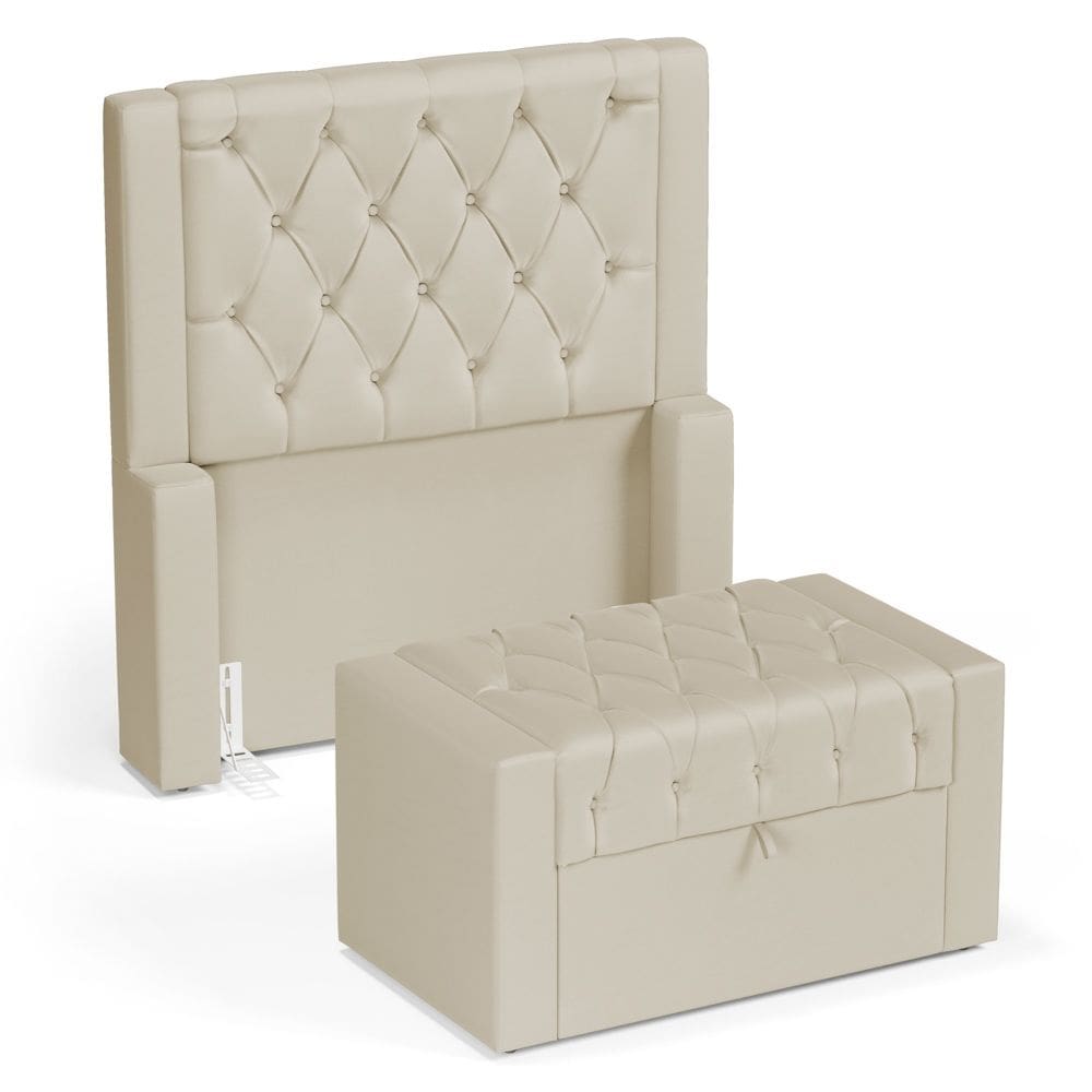 Cabeceira e Calçadeira Báu Solteiro Atena 90cm Capitonê Suede Bege Claro - Desk Design