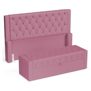 Cabeceira e Calçadeira Báu King Size Atena 195cm Capitonê Suede Rosa - Desk Design
