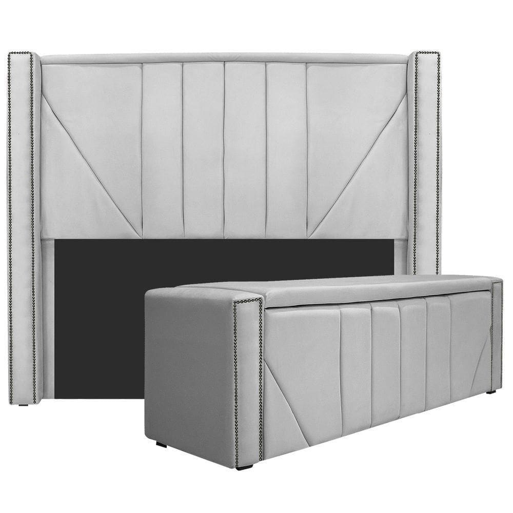 Kit Cabeceira E Calçadeira Baú Solteiro 90cm Suede Branco