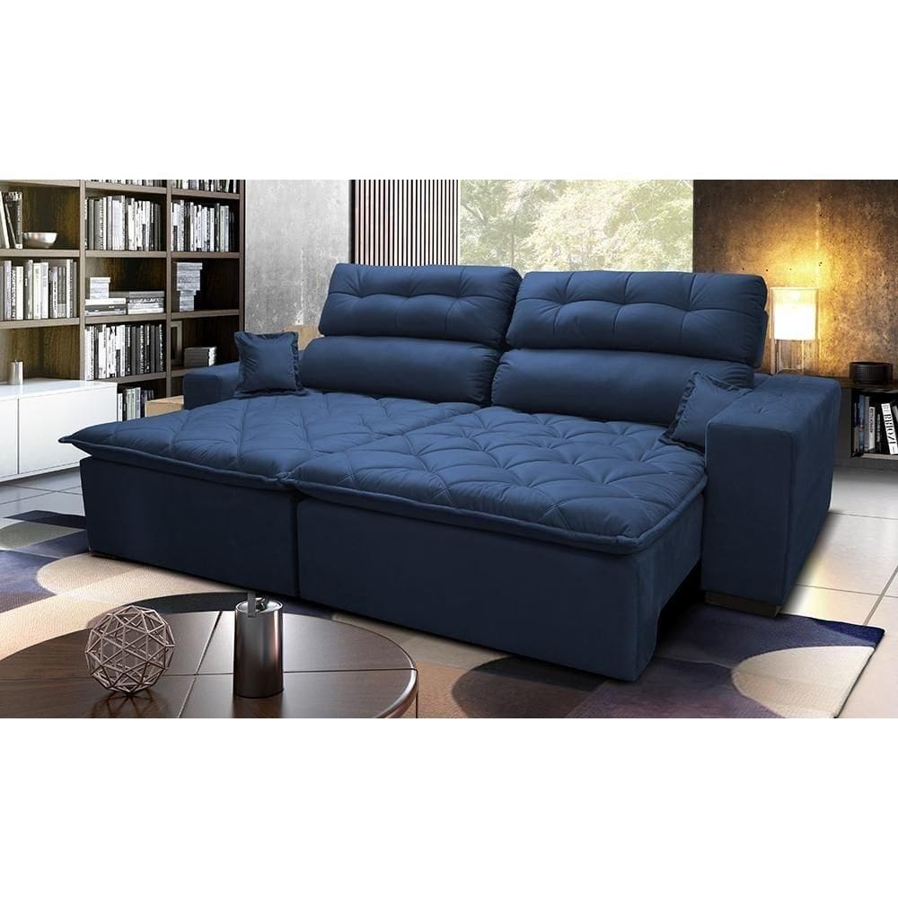 Sofá 2,22m Retrátil E Reclinável Com Molas Cama Inbox Confort Tecido Suede Velusoft Azul
