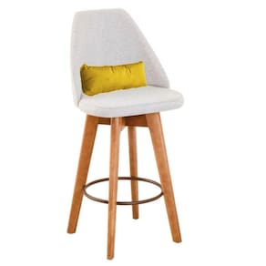 Banqueta Com Encosto Linho Bege Claro E Almofada Amarelo