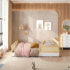 Cama Montessoriano Casal Lift em Madeira Maciça com Rattan 1 Grade Casatema Branco/Natural