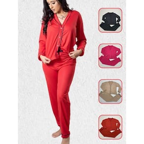 Pijama Americano Calça Longa de Malha Suede com Abertura Frontal