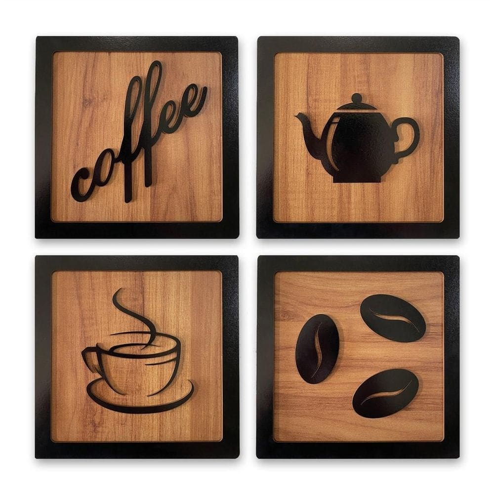 Kit Cantinho Do Café Mdf 4 Quadros 15Cm Decoração De Cozinha