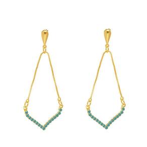 Brinco Corrente Veneziana Strass Azul Turqueza Folheado A Ouro 18K