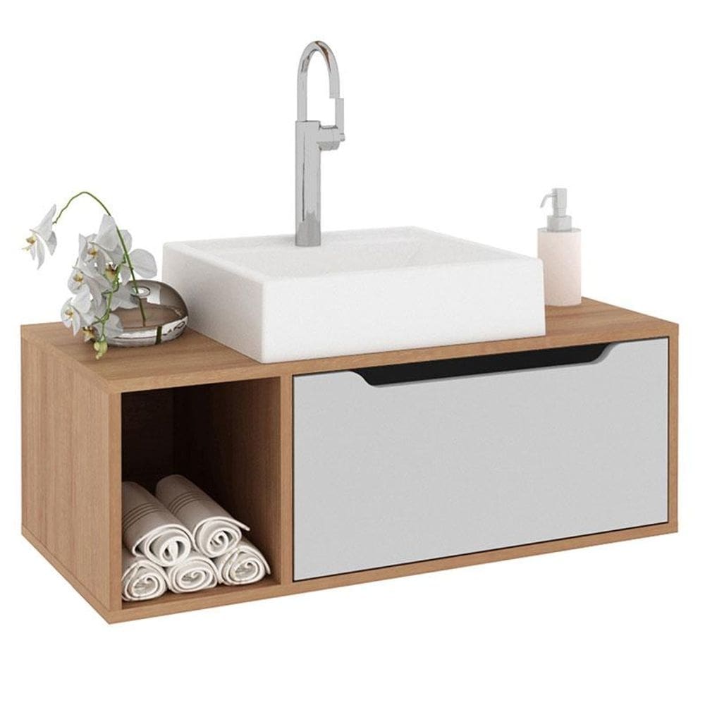 Balcão Gabinete para Banheiro Suspenso BN3644 Amêndoa Branco - Tecnomobili