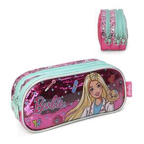 Estojo 3 Divisórias Barbie Veterinária Pet Paetê Rosa Luxcel