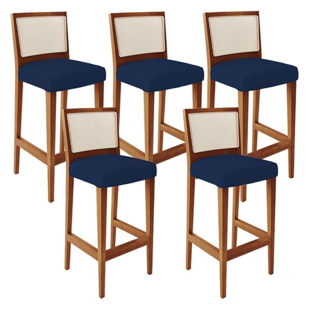 Kit 05 Banquetas Alta Cozinha Branco Zion L02 Azul Marinho