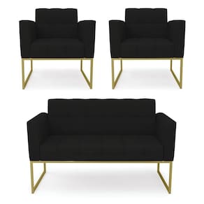 Kit 1 Sofá Namoradeira E 2 Poltronas Elisa Linho Base Metálica Industrial Dourada Cor A79 Preto