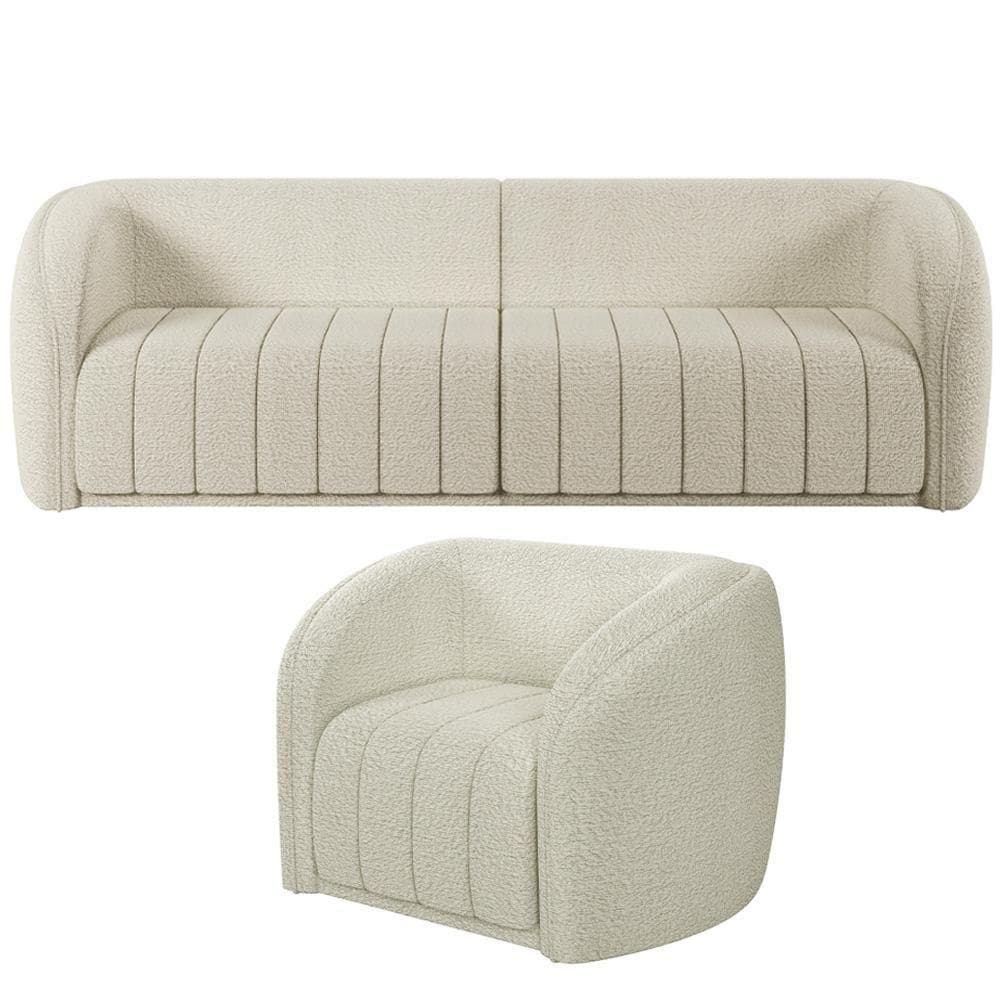 Kit Sofá 5 Lugares Para Sala Estar 332 Cm Com 01 Poltrona Lazio M03 Bouclê Bege Claro - Lyam Decor