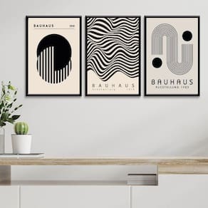 Kit 3 Quadros Arte Bauhaus - Preto E Branco 45X34Cm - Vidro