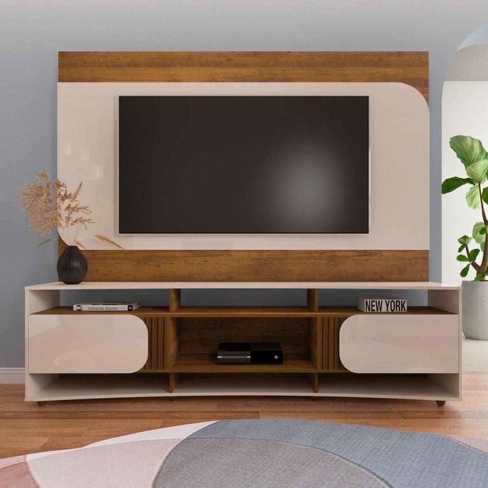Rack com Painel para TV Até 80 Polegadas Seleto 2 Portas Pinho/Off White - Pnr Móveis