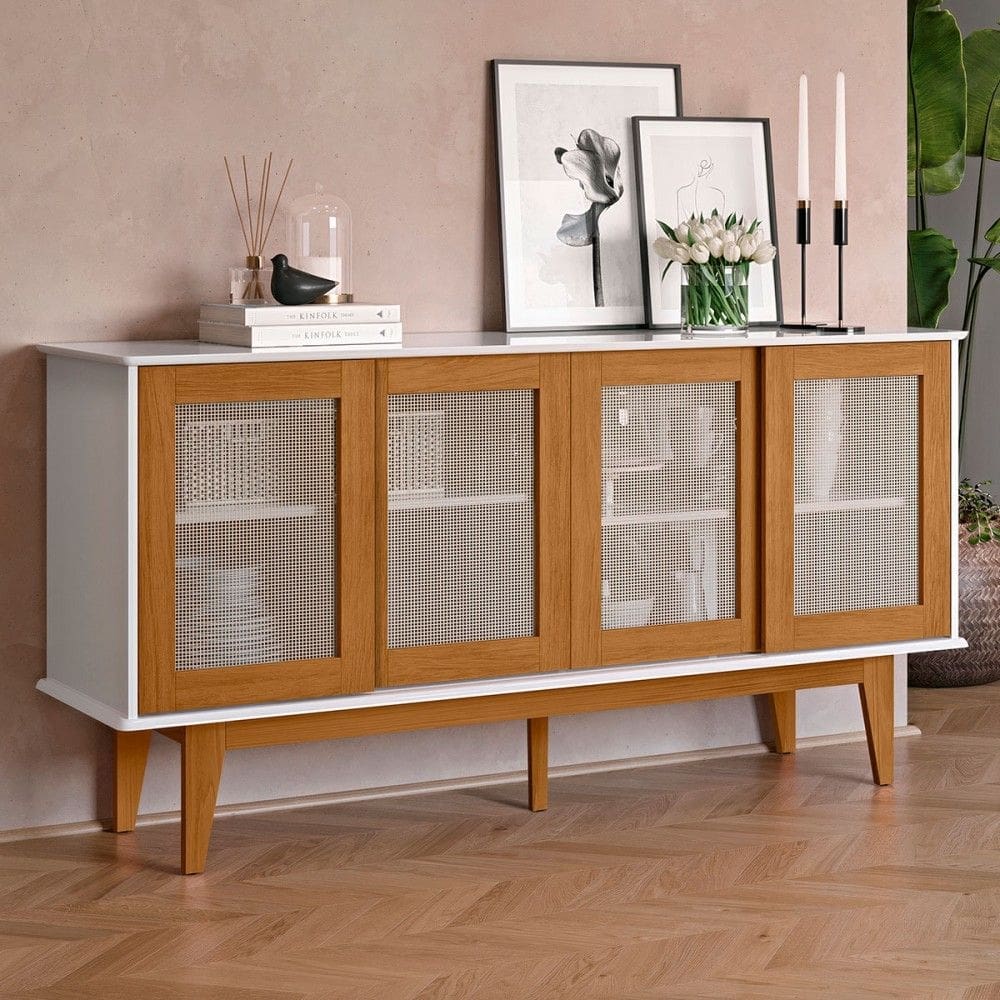 Balcão Buffet Detroit 4 Portas 4 Prateleiras Branco/Nature - Tebarrot