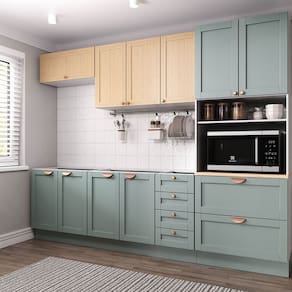 Cozinha Modulada 5 Peças sem Tampo 1 Torre 2 Aéreos 2 Balcões Arizona Cabecasa Madeiramadeira Figueira/Menta