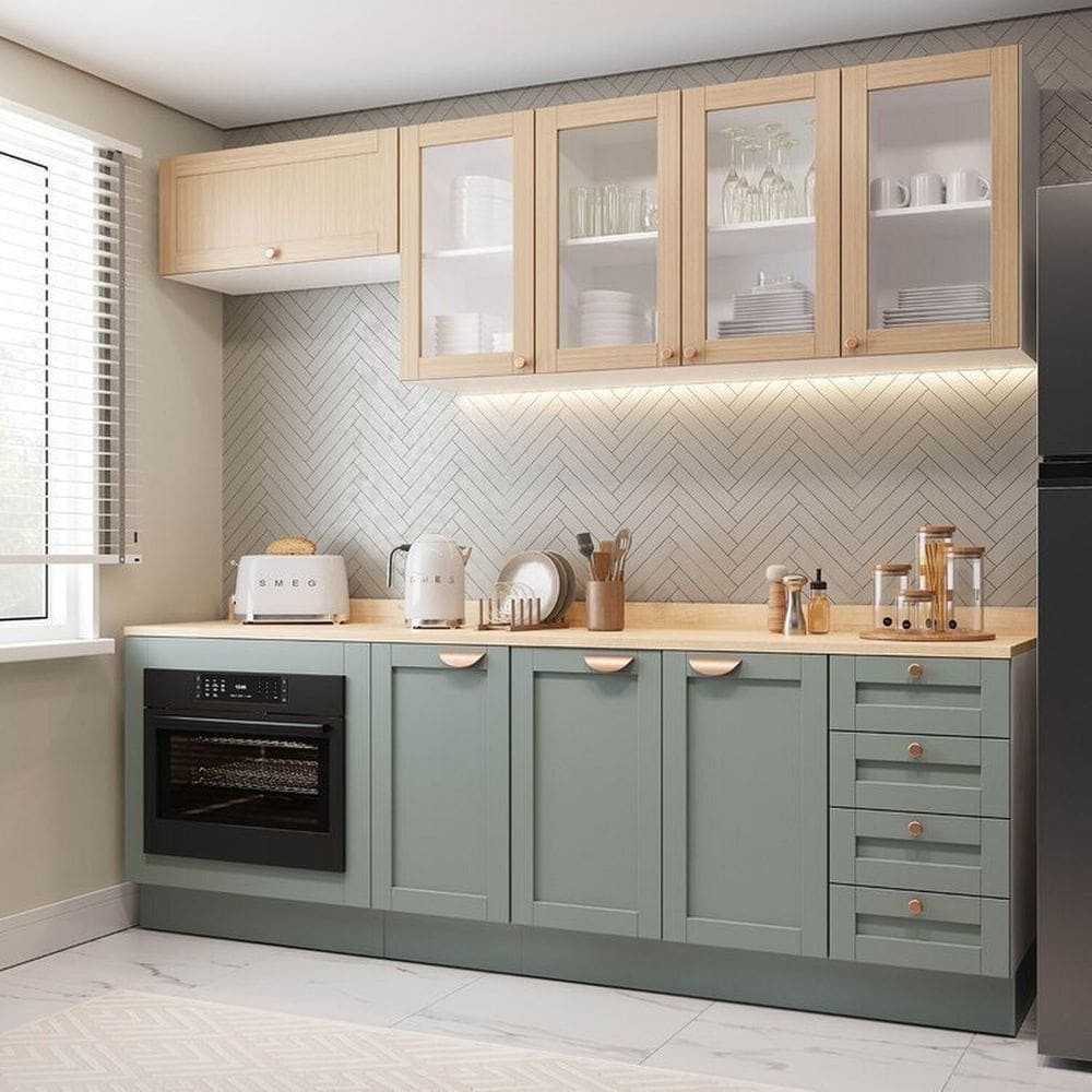 Cozinha Modulada 6 Peças com Tampo 3 Aéreos 3 Balcões Arizona Cabecasa Madeiramadeira Menta
