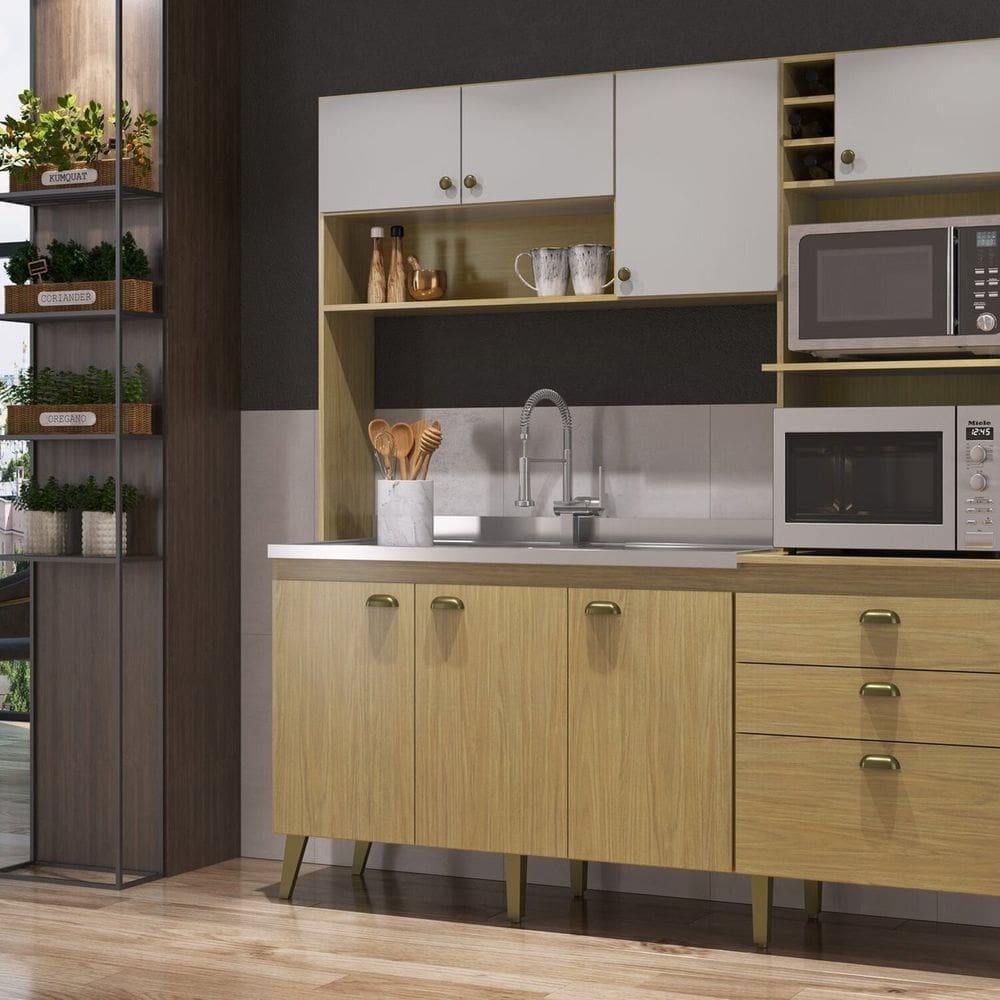 Cozinha Compacta Donna 8 Portas 2 Gavetas com Nichos e com Espaço Forno e Micro-ondas 186,5cm Louro Freijó / Off White