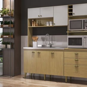 Cozinha Compacta Donna 8 Portas 2 Gavetas com Nichos e com Espaço Forno e Micro-ondas 186,5cm Louro Freijó / Off White