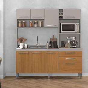 Cozinha Compacta Blume 8 Portas 2 Gavetas com Nichos e com Espaço Forno e Micro-ondas 186,5cm Cinza / Marrom