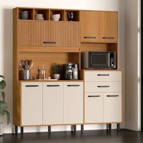 Kit de Cozinha Estrela Grafiatto 8 Portas 2 Gavetas com Nichos e com Espaço Micro-ondas 175cm Marrom / Champanhe