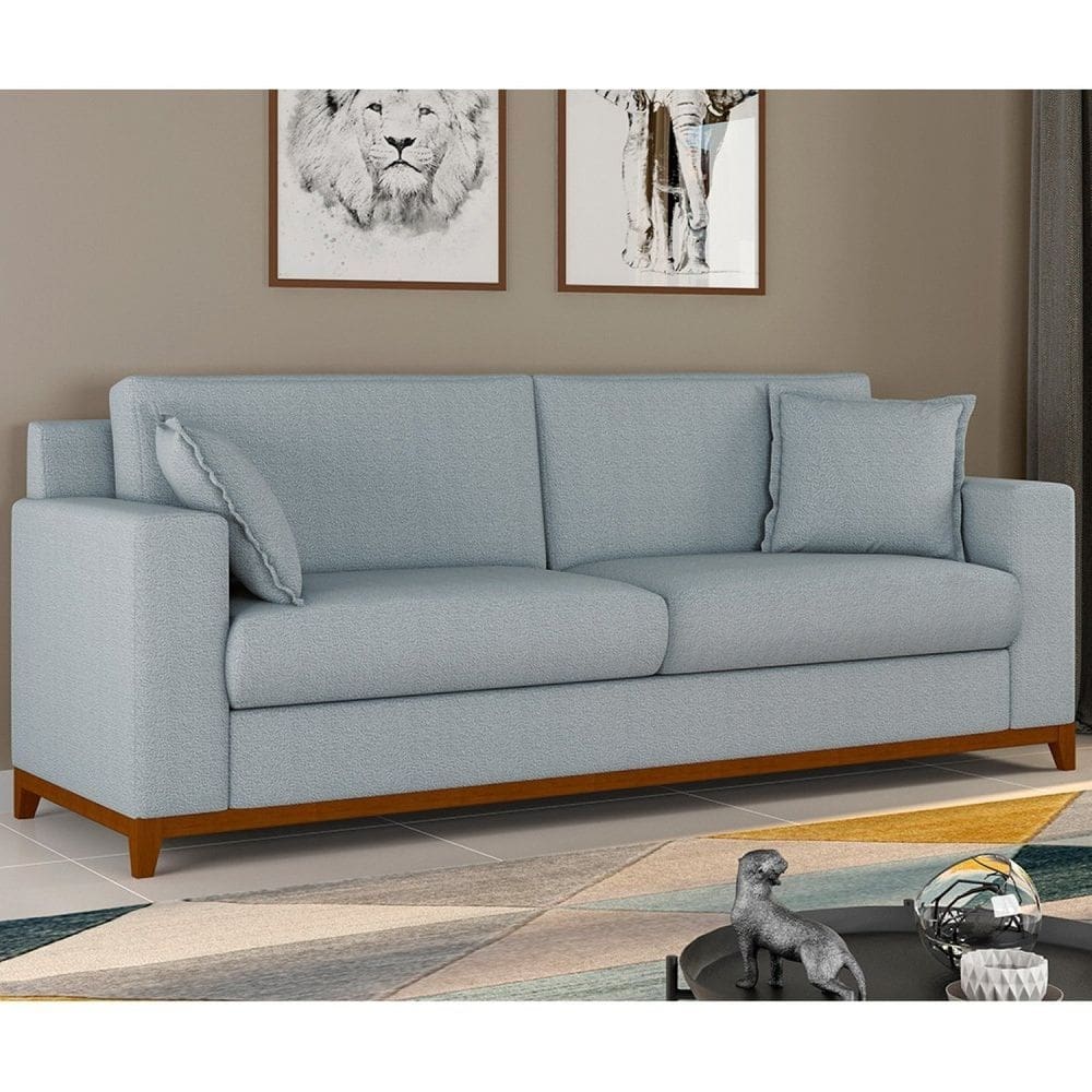 Sofá Living Vintage 3 Lugares 200cm em Boucle Slim Azul Bebê