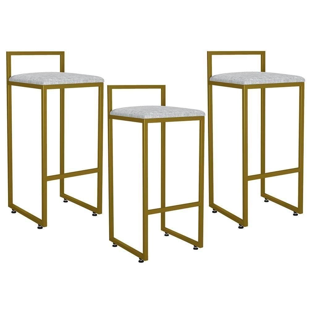 Kit 03 Banquetas Altas Hanna Dourado Linho Cinza
