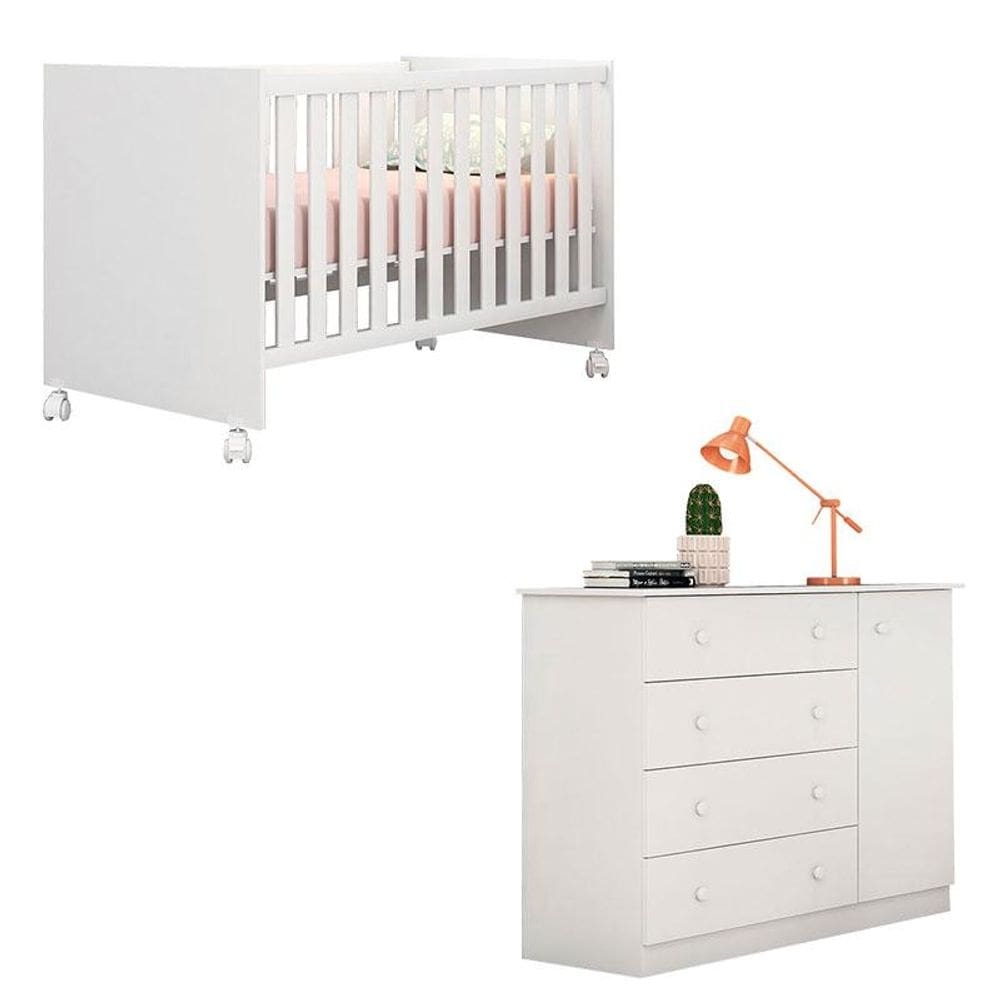 Berço Doce Sonho e Cômoda Infantil Helena Branco Brilho - Phoenix