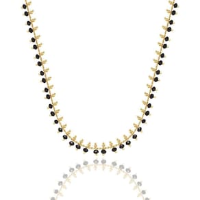 Choker Com Miçangas Cristais Preto E Bolinhas Folheado A Ouro 18K
