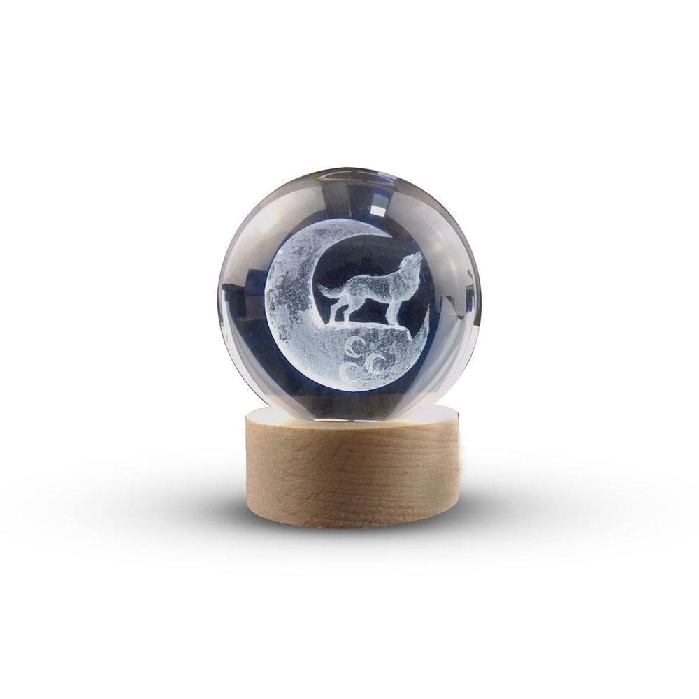 Luminária abajur globo vidro lobo led usb enfeite decorativo vidro de 3d base de madeira