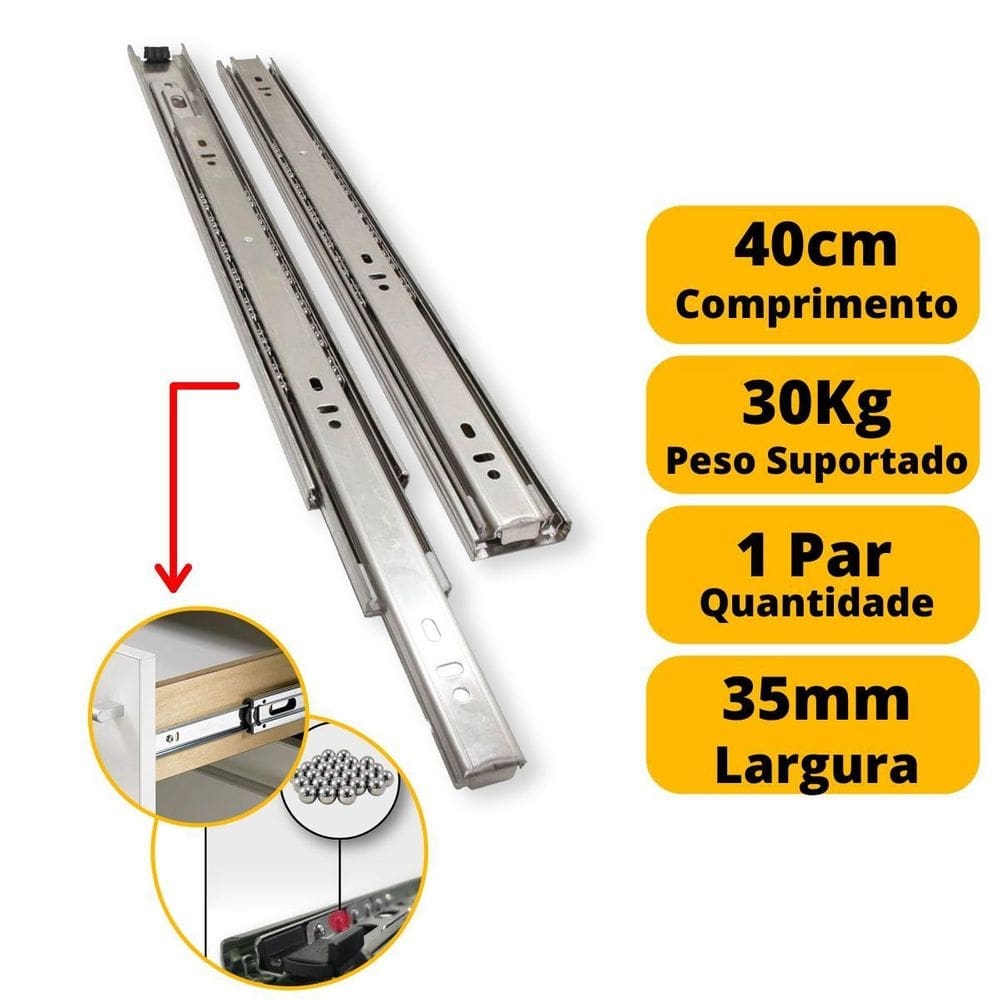 Corrediça gaveta trilho telescópico 40cm 400mm par 30kg