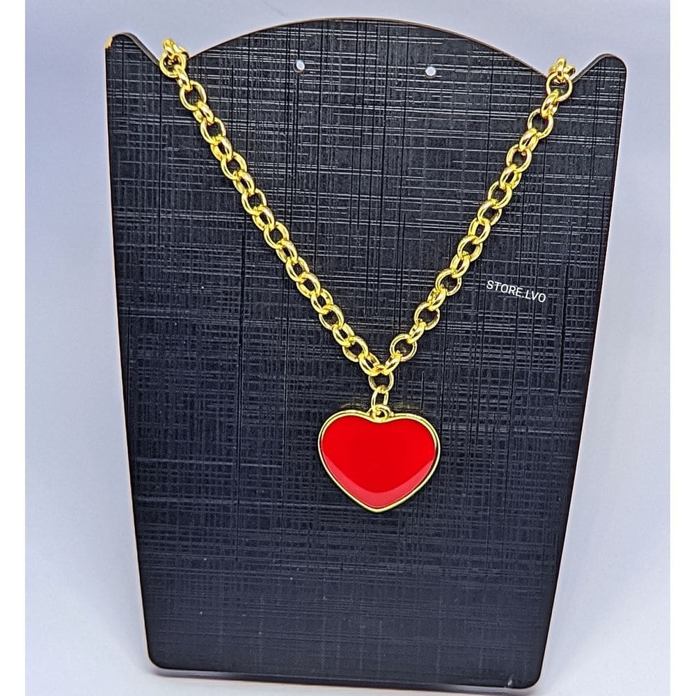 Colar Feminino Corrente Elos Português Folheado Ouro Dourado com Pingente Coração Love Vermelho Presente Mulheres Moda