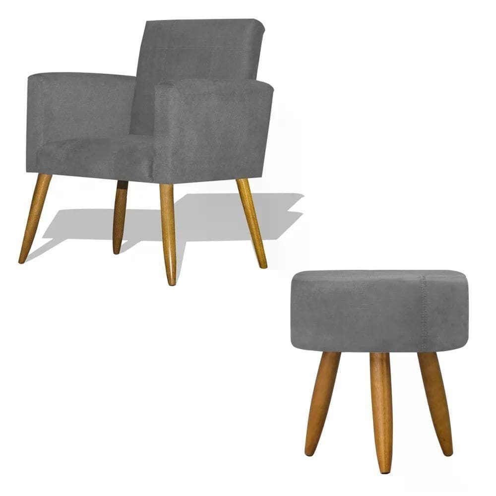 Kit Poltrona Decorativa Nina Com Puff Redondo - Cinza Cinza