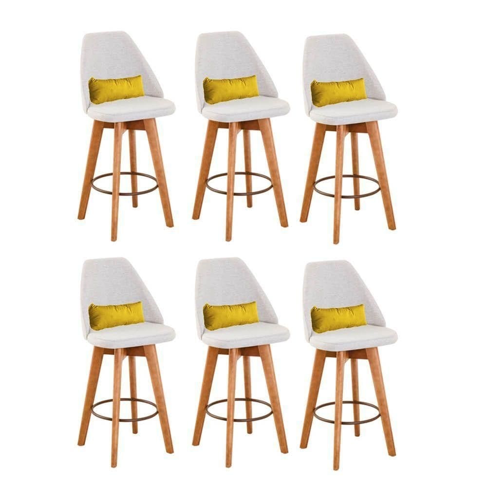 Kit 06 Banquetas Com Encosto Bege Claro E Almofada Amarelo