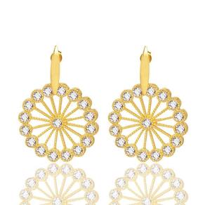 Brinco Redondo Com Pedras Cristal Folheado A Ouro 18K