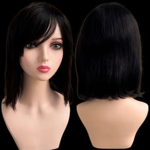 Peruca Cabelo Humano Curta Preto Franja Chanel Lisa 30cm