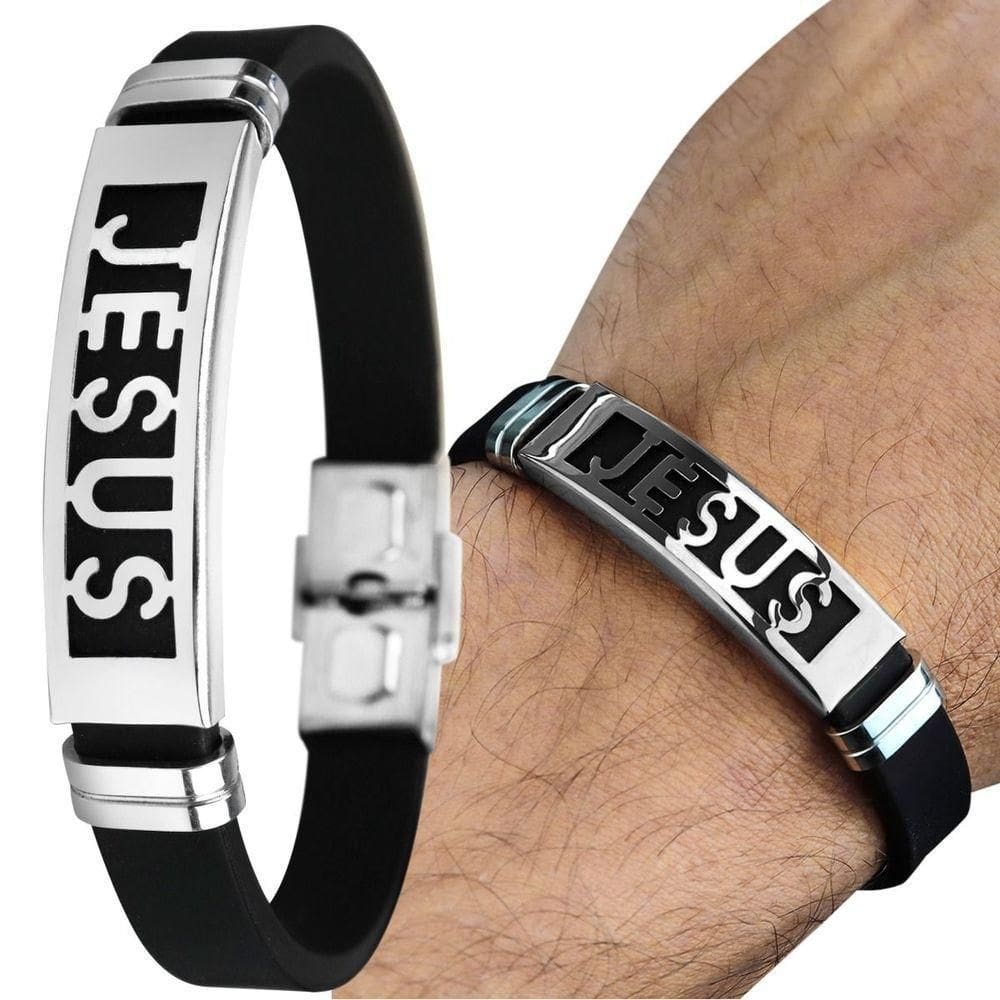 Placa Jesus Cristo Aço Inoxidável Pulseira Masculina + Prata Social Silicone Ajustavel Casual