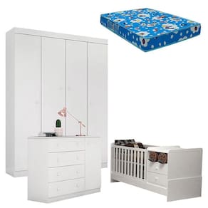 Quarto de Bebê Helena com Berço Multifuncional Selena com Colchão Phisical Branco Brilho - Phoenix