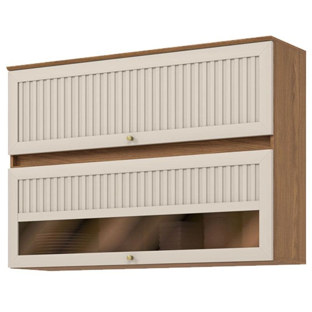 Armário Aéreo 2 Portas Basculantes Ripado com Vidro 120 cm Requinte Nature Areia Hp - Henn