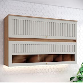 Armário Aéreo 2 Portas Basculantes Ripado com Vidro  120 cm Ambiente Requinte Nature Areia Hp - Henn