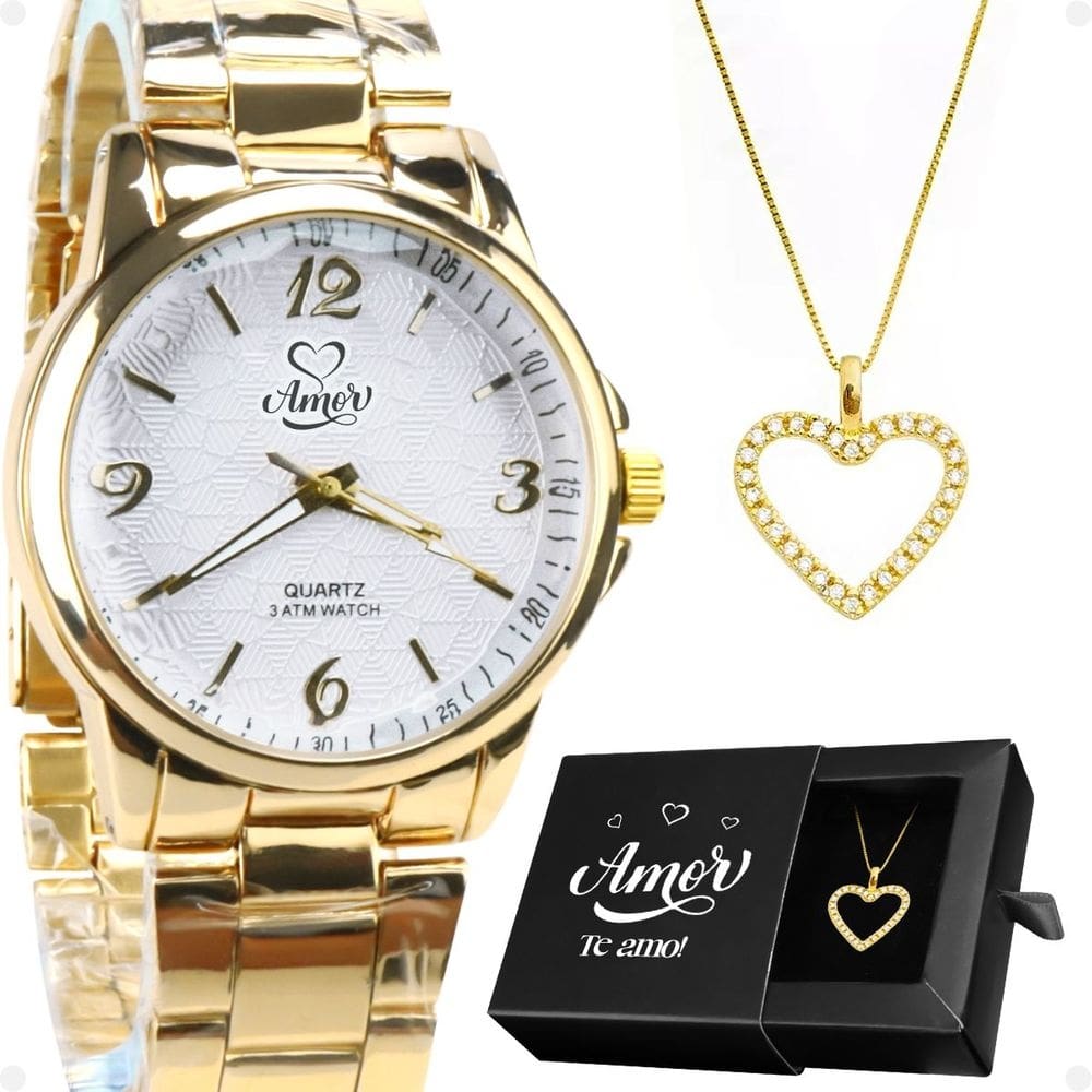 relogio feminino aço dourado + colar coração strass + caixa