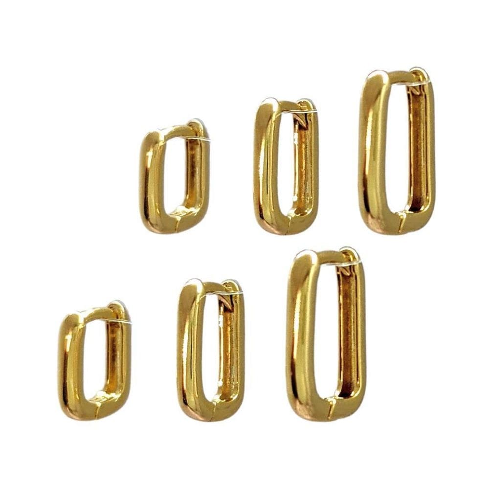 Brinco folheado a ouro trio argolas 3 furos retangulares