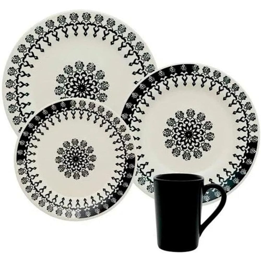 Aparelho De Jantar Folk 16 Peças Linha Donna Preto e Branco