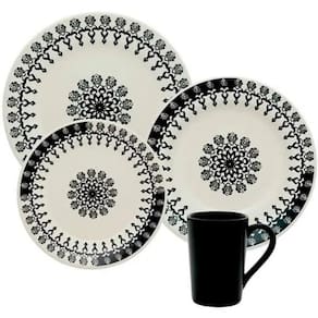 Aparelho De Jantar Folk 16 Peças Linha Donna Preto e Branco