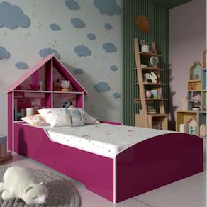 Cama Infantil Proteção Lateral e Cabeceira Casinha Rosa  - Rede Móveis