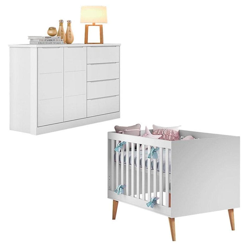Berço Americano Ludmila com Cômoda Blenda Branco Acetinado - Phoenix