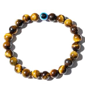 Pulseira Pedra Olho de Tigre Com Olho Grego Bolinha 8mm