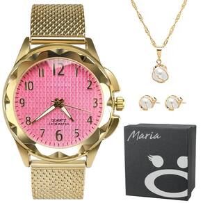 Pulseira + Relogio Feminino Aço Prova Dagua Banhado + Colar Moda Pulseira Ajustavel Resistente