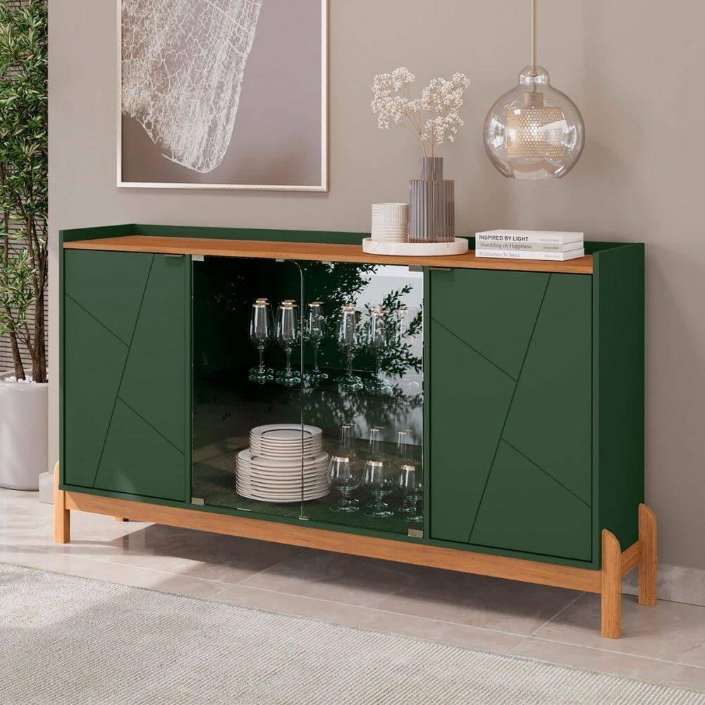 Balcão Buffet Bari 4 Portas 3 Prateleiras com Vidro Verde Oliva/Cedro - Casa D