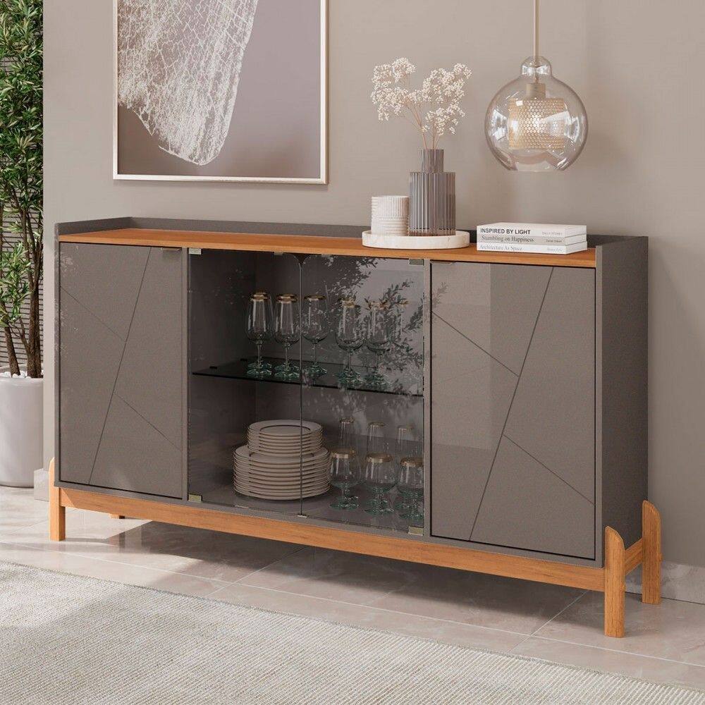 Balcão Buffet Bari 4 Portas 3 Prateleiras com Vidro Perola/Cedro - Casa D