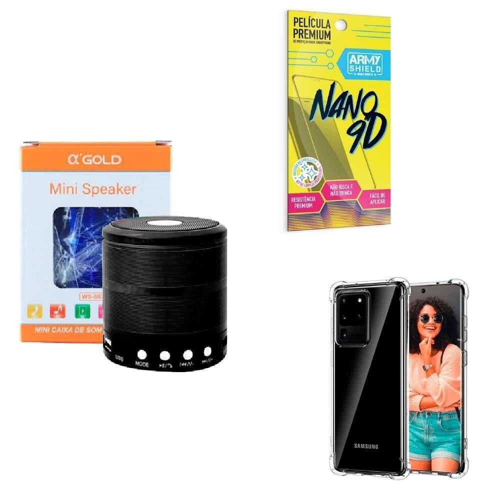 Kit caixa de som + capinha samsung s20 ultra + película 9d